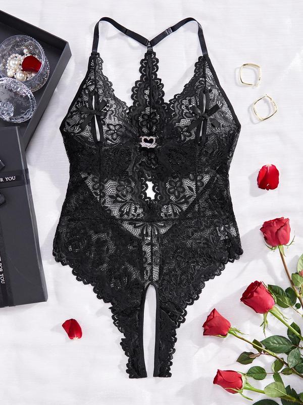 Women's Heart Decor Contrast Lace Cami Bodysuit, Sexy Scallop Trim Backless Lingerie for Women, Fashion Comfy Women's Underwear for All Seasons